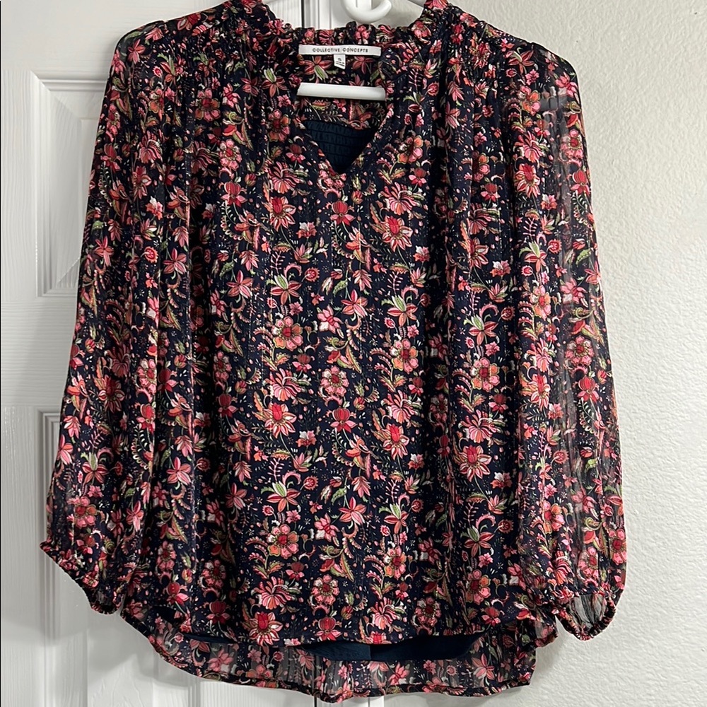 Collective Concepts Floral Blouse - Pink and Navy